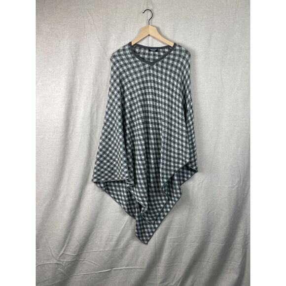 Womens 100% Cashmere Plaid Poncho One Size Vneck Gray Neutral Soft Quiet Luxury - Picture 1 of 6